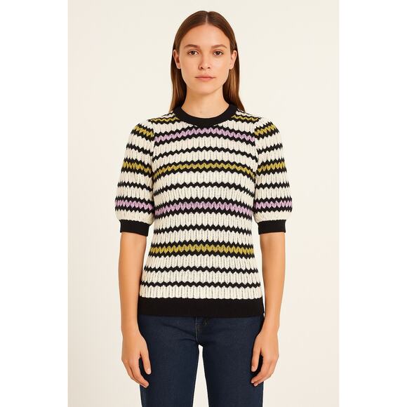ME+EM Navy Multi Puff Sleeve Chevron Short Sleeve Jumper Sweater Knit Top XS - Picture 1 of 10